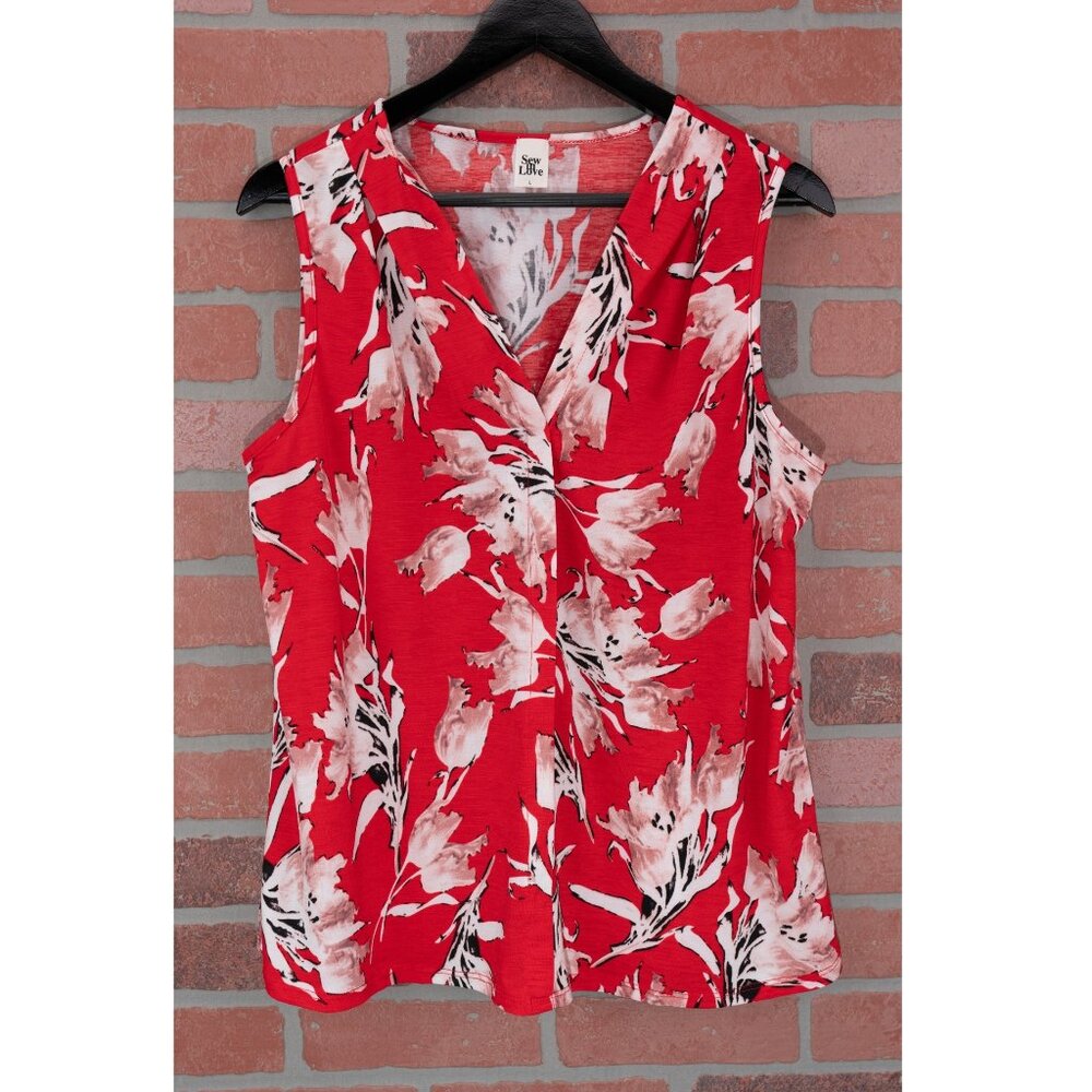 Red Floral Sleeveless Blouse - Size Large